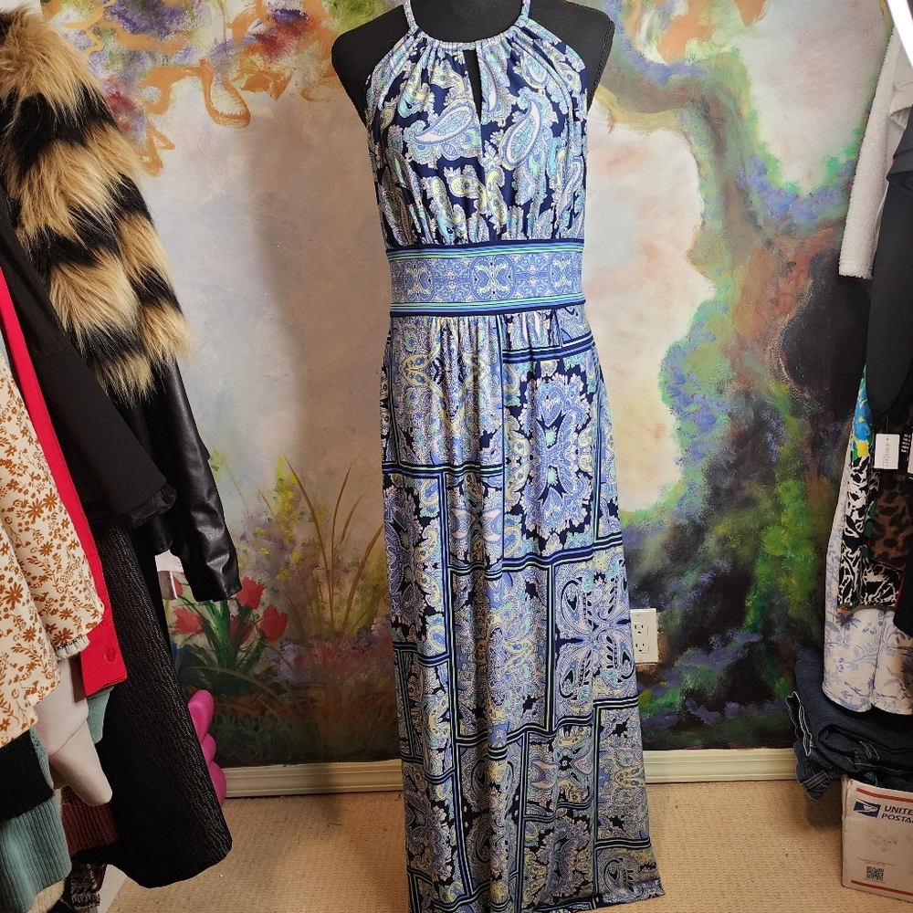 London Times Blue Paisley Halter Maxi Dress